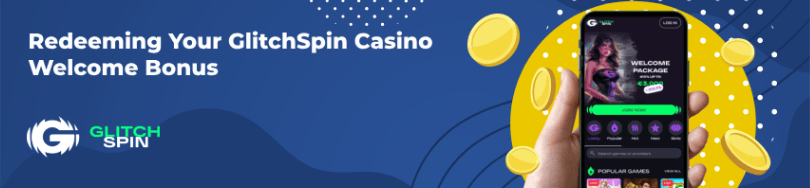 Banner of bonuses and promotions of GlitchSpin casino