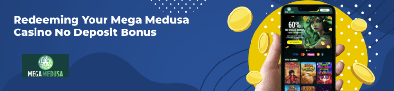 A handhold mobile phone with Mega Medusa website for redeeming no deposit bonuses.